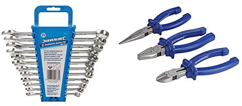 Silverline Combination Metric Spanner Set 12 Pieces 8-19mm (SP1236) & 427610 Pliers Set 3pce 160 mm, Blue