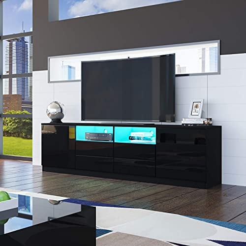 Senvoziii TV Lowboard Fernsehschrank in Hochglanz Schwarz TV Schrank mit LED-Beleuchtung Sideboard 2 Türen 4 Schubladen für Wohnzimmer 180 x 35 x 51 cm