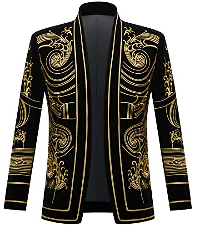 PYJTRL Herren Blazer/Anzugjacke mit goldfarbener Stickerei, Schwarz (M, goldene Blume)