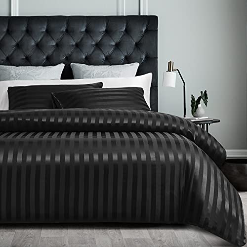 Sedefen Housse de Couette 220x240cm Noir en Satin + 2 Taies d'oreiller 65x65cm avec Fermeture Éclair Soyeux Parure de Lit Adultes 2 Personnes Satin Rayé Lisse Luxe literie