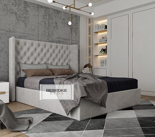 Upholstered Bed Frame, Winged Bed Frame, Ottoman Storage Beds Frame, Plush Velvet Bed Frame (Silver Plush Velvet, 4FT6 DOUBLE)