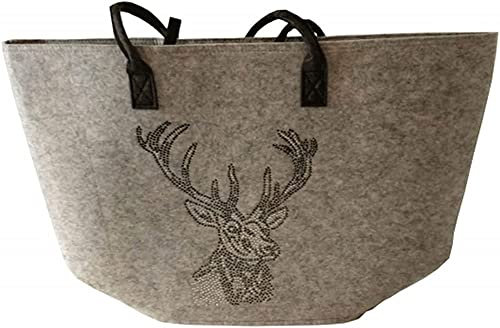 Steinnacher Filztasche Renate XL hellgrau Hirschkopf Glitzersteine 65x42x30 cm