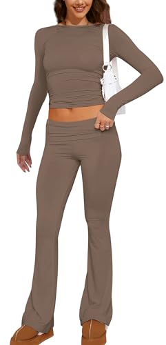 MISSACTIVER Zweiteiliges Damen-Outfit, langärmelig, bauchfreies Top und niedrige Taille, ausgestellte Hose, Lounge, 2-teiliges Yoga-Trainingsanzug, Kaffee, Medium