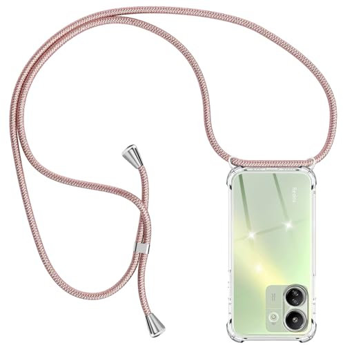 Ptny Handykette Hülle Durchsichtige kompatibel mit Xiaomi Redmi 13C 4G Hülle mit Band zum Umhängen, Handyhülle Dünn Stoßfest Silikon Transparent Hülle mit Kette Xiaomi Redmi 13C 4G, Roségold