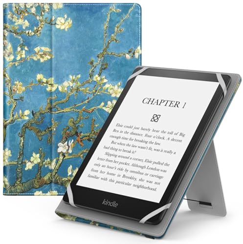 MoKo Custodia Cover Universale Compatibile con E-Lettore Kindle/Kobo/Voyaga/Lenovo/Sony/Tolino da 6, 6,8 e 7, in Pelle PU con Chiusura di Elastico, Doppio Supporto e Manico, Albicocchi in fiore