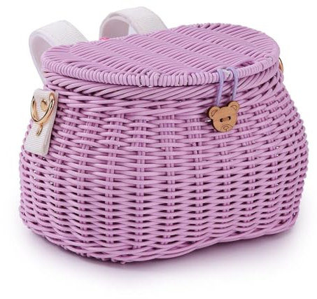 SVNR Kids Bike Basket Set, Bike Scooter Tricycle Basket, Children Cycling Basket, Children Bike Basket Handwoven Backpack with Lid Shoulder Strap, Rattan Basket, Front Handlebar Basket, Purple