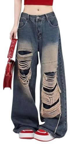 Lafaguw Baggy Jeans for Woman Men Ripped High Waisted Wide Leg Pants Distressed Jean Y2K Grunge Summer Clothes., Blue1, XL