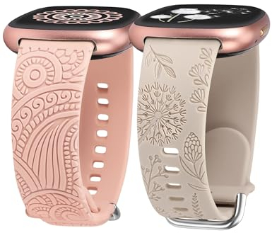 TOYOUTHS 2 Stück Floral Gravierte Armband kompatibel mit Fitbit Versa 4/Versa 3/Sense 2/Sense Armband, Sport Solo Loop Silikon Boho Henna/Löwenzahn Blume Cute Versa 4 Armbänder, Polarstern/Rosa