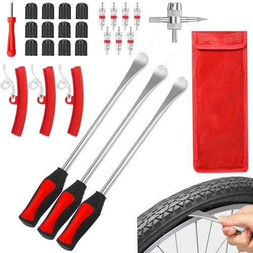 BBLTIFF 28 Pcs Outil Levier De Pneu, Outil de Montage de Pneus, DéMonte Pneus Moto Manuels avec 3 Jantes Protecteurs Roue Cuillères Changement Kit Accessoires pour les vélos, les Motos et les Voitures