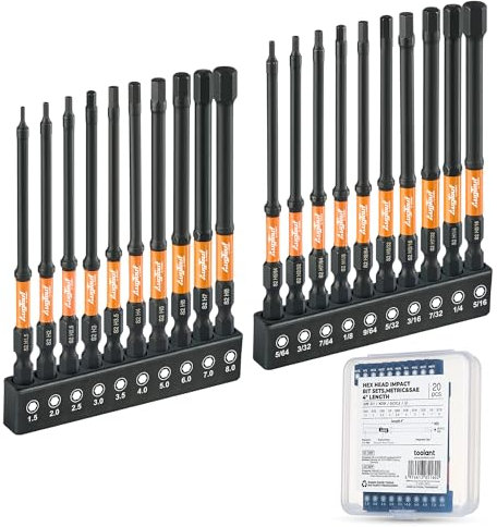 Toolant Impact Allen Wrench Drill Bit Set 20pcs (Metric & SAE), 1/4 Hex-Shank S2 Steel Hex Bits, CNC Machined Tips with Magnetism, 4 Long with Storage Box