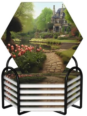 Untersetzer für Getränke, 6 Stück, rund, saugfähig, Keramik, rutschfest, Getränkeuntersetzer mit Halter und Korkboden, wiederverwendbare Tassenmatte, Manor, Garten, Tassen-Untersetzer für Arten von