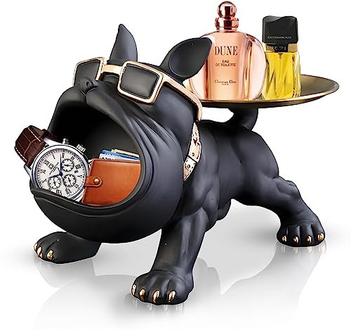 Huhote Resin French Bulldog Tray Statue, Bulldog Candy Dish Key Holder Bowl, Storage Ornament Sculpture for Office Desk Home Decor Figurines Entryway Table Decor (Climbing,Black)