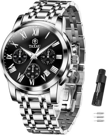 Taxau Armbanduhr Herren Schwarz Chronograph Wasserdicht Herrenuhr Analogue mit Datum Klassische Luxus Business Herren Uhr Edelstahl Quartz Herrenarmbanduhren