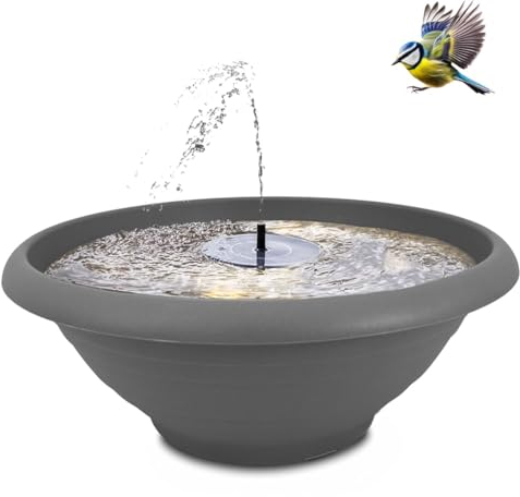 Fontaine solaire d'extérieur avec bac, XL, 55 cm, bac décoratif et fontaine flottante solaire comme jeu d'eau d'extérieur, abreuvoir de balcon, lieu de bain de jardin pour oiseaux, grise