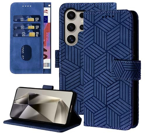 Auslbin Flip Hülle für Samsung Galaxy S24 Ultra 5G 6.8, Geometrischen Stil S24 Ultra/SM-S928 Handyhülle mit Magnetschnalle aus PU-Leder, Blau