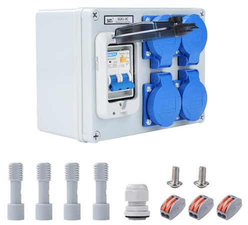 Buyweek Baustromverteiler 16A 250V Wandverteiler 2-Polig Stromverteiler IP54 Wasserdicht Baustromverteiler mit 63A 1P+N FI Schalter, mit 4 Schuko-Steckdose Starkstrom Verteiler