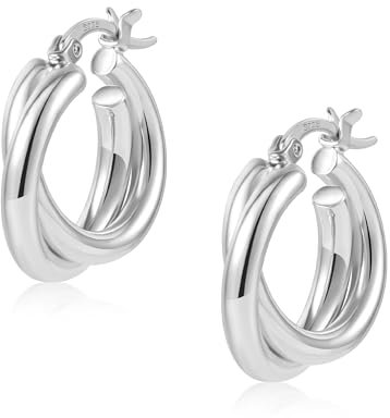 ALEXCRAFT Silber 925 Ohrringe Doppel Creolen Damen, Hypoallergen Dick Kleine Knorpel Huggie Kreuz Twist Piercing Doppel Ohrringe Breit Klobig Chunky Glitzer