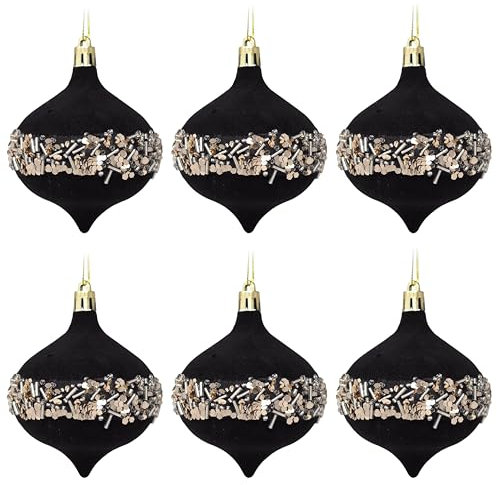 Velvet Christmas Tree Black Baubles - Lanterns with Sequin Band 9cm - Set of 6