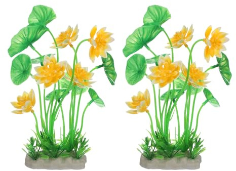 sourcing map Aquarium Artificial Plants, 2 Pcs Fish Tank Plants Decorations Accessories Aquatic Ornaments Decor Water Grass, Yellow-Green (Lotus Flower)