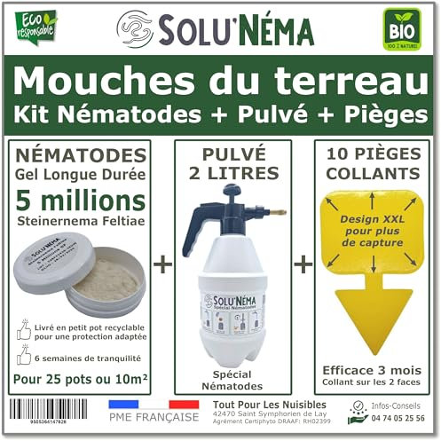 Kit Complet Anti-Mouche du Terreau - 5 Millions Nématodes SF + Pulvérisateur 2L + 10 Pièges Jaunes Collants XXL