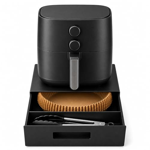 WUNI Airfryer Backpapier Aufbewahrungsbox, Metall-Organizer mit Schublade für Heißluftfritteuse Zubehör, Air Fryer Backpapier, Silikonformen und Auflaufform, hitzebeständig, 36x32x10cm