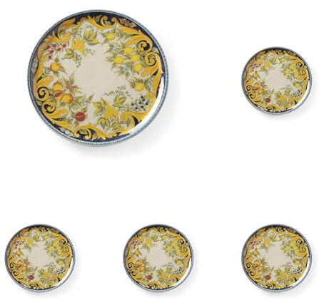 HENDI Assiette à pizza ronde, porcelaine, motif: barocco, conviennent pour la lave-vaisselle et les fours à micro-ondes, ⌀330 mm, jaune/noir (Lot de 5)
