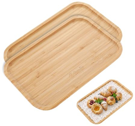 Family Pack 2 Bandeja de Bambú Rectangular 20×30 cm, Ideal para Servir, Cocina y Decoración, Fuende de Bambú para Comedor, Restaurante y Hostelería