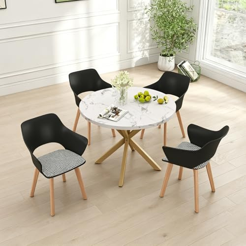 HJhomeheart Nordisches Esstisch und Stuhlset, 100×100×76.5 cm Runder Esstisch, 4 Gepolsterte Küchenstühle, Beine aus Buchenholz, für Esszimmer, Wohnzimmer, Küche (Marmor-GD + Schwarz)