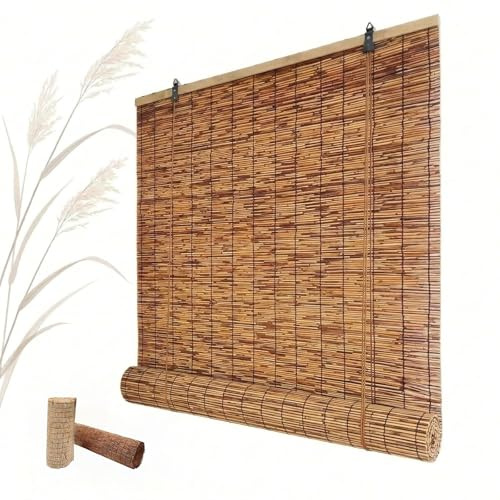 Bambusrollo Wetterfest, Balkon Sichtschutz Wetterfest, Sonnenschutz Rollo Außen, Natur Schilf Vorhang mit Lifter, Retro Bambus Rollo Outdoor für Terrasse Aussenbereich(Karbonisiert,90W x 100H cm)