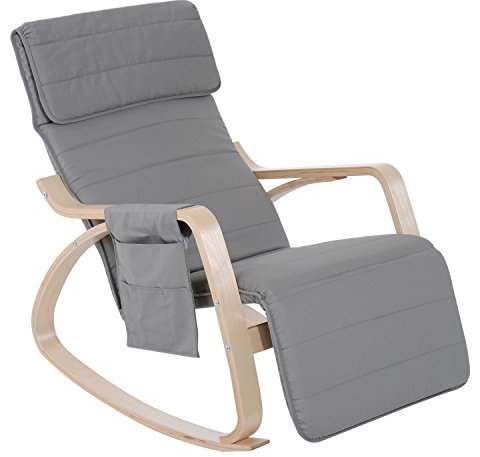 HOMCOM Fauteuil à Bascule Luxe Confort et Relaxation Repose-Pied réglable déhoussable 66 x 90 x 92,5 cm Bois Massif Gris Clair
