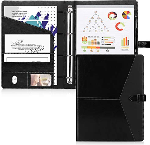 Toplive Porte Documents en cuir Organiseur multifonctionnel dossier de conférence A4 Conferencier classeur Padfolio avec 4 anneaux de feuilles pour réunion,bureau,école,Noir