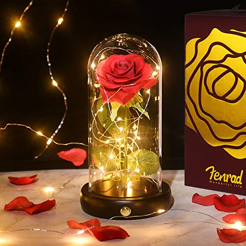 Rosa in Vetro,Rosa Eterna,Rosa Bella e la Bestia,Incantata Rosa in Cupola di Vetro con Luci a LED Fiori Artificiali con Base Legno Regalo per Festa Mamma della Valentino Anniversario di Matrimonio