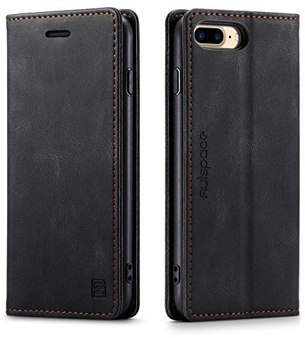 LOLFZ Wallet Case for iPhone 7 Plus/8 Plus, Magnetic Flip Leather Case with RFID Block Card Slots Kickstand - Black