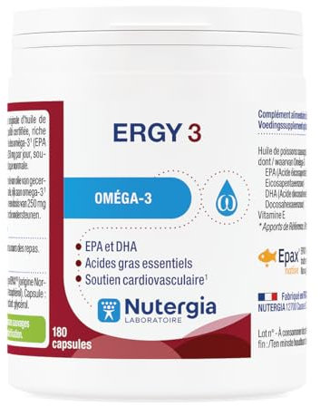 Nutergia – Oméga-3 – Apport en oméga-3, EPA et DHA et soutien cardiovasculaire – Complément alimentaire – 180 Capsules – Fabrication Française