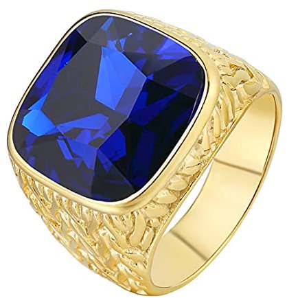 HIJONES Herren Einfach Königlich Luxus Quadrat Blau Stein Ring Gold aus Edelstahl Hochzeit Schmuck Größe 70
