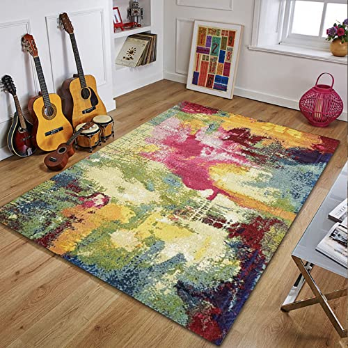 Rururug Rechteckig Teppich Moderner Läufer Orientteppich Kurzflor Flur Schlafzimmer Küche Wohnzimmer rutschfest Waschbar, Abstraktes buntes grünes rosa Gelb 90 x 150 cm