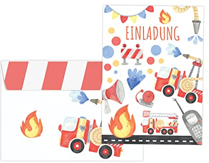Friendly Fox Feuerwehr Einladung, 12 Feuerwehr-Auto Einladungskarten Kindergeburtstag Junge Mädchen, DIN A6 Einladung mit Umschlag