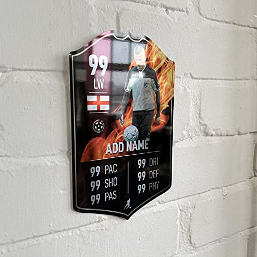 ShopQuality4U Mirror Finish Personalise Football Cup Player Stats Card Sign - Fire Background Printed Metal Shield Sign Wall Art A4 Player Add Name (28x17cm)