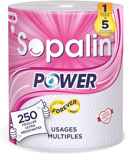 Sopalin Power - Essuie-tout Multi-usages, 1 Rouleau Power égal à 5 Rouleaux Classiques, 250 feuilles, Ultra Résistant, Blanc