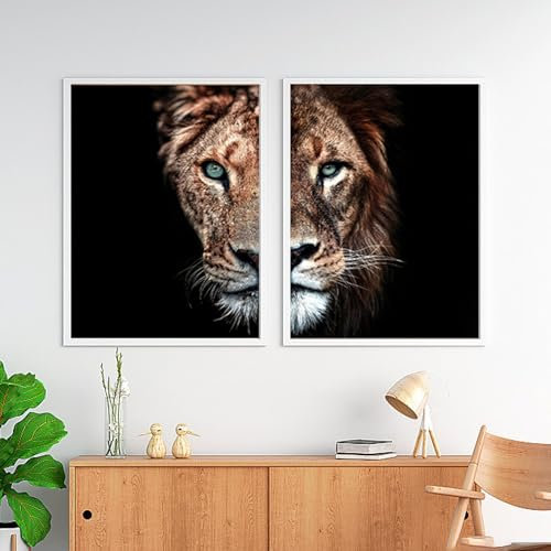 UGZDEA Löwe Leinwand Bilder, Schwarz Weiß Löwe und Löwin Poster Tierbilder Modernes Wohnzimmer Schlafzimmer Home Decor - Ohne Rahmen(A,2x60x80cm)