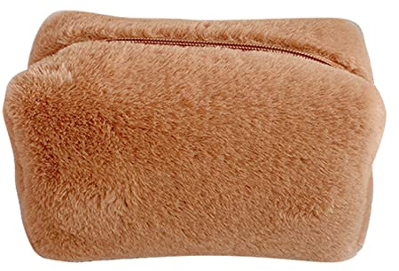 Plüsch-Make-up-Tasche, Kosmetiktasche, Plüsch-Make-up-Tasche, Reißverschluss, groß, einfarbig, Reise-Kulturtasche, Reise-Make-up-Tasche, Waschtasche für Frauen und Mädchen(Braun)