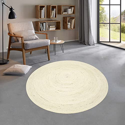 Taracarpet runder Jute Teppich Sisal Optik Kurzflor Boho modern für Wohnzimmer Schlafzimmer nachhaltig Natur-Teppich weiß 250 cm rund