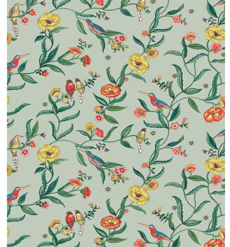 Muriva Cath Kidston Summer Birds Wallpaper - Modern Wallpaper for Living Room, Bedroom, Fireplace - Decorative Luxury Wall Paper with Kingfisher Birds Amongst Trailing Flowers & Leaves (Sage)