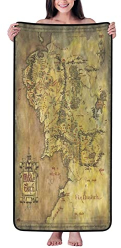 Debou Mittelerde-Karte bedrucktes Korallensamt-Badetuch, 68 x 139,7 cm hoch, saugfähig, weiches Handtuch, geeignet für Duschen, Strände, Schwimmbäder