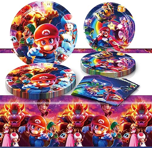 Fuyhiuous Mario Move Party Supplies 41Pack include 20 plates, 20 napkins 1 tablecloth for Mario Move birthday party Decoration