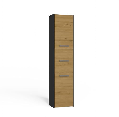 CDF Hochschrank SCHMAL HOCH-Schrank Badschrank 40 cm Breit Badezimmerschrank Nischenschrank Badmöbel für Kosmetik Handtücher Badezimmer Bad WC Toilette Flur Stehend Eiche Artisan/Anthrazit | 30x40x170