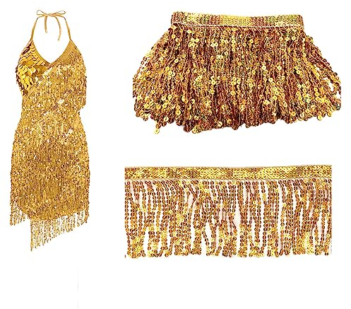 OHYER 3m lang (x 16cm Breite) Paillette Fransen Trim Dekoration Fransenband Schnittfranse Gold Stilvoll Glitzer Rock Karneval Fransen Rock Für DIY Handwerk Kleidung Kostüme Nähen Dekoration