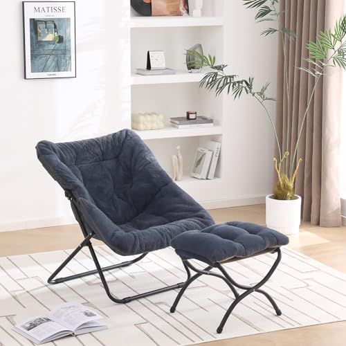 YOTATING Untertassenstuhl mit Ottomane, bequemer Kunstpelzstuhl, klappbarer, weicher, pelziger Lounge-Lazy-Stuhl, Metallrahmen, Moon Chair, Akzentstuhl für Schlafzimmer, Schlafsäle, Marine