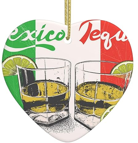 Mexico Flag And Tequila Christmas Tree Decorations - Fine Ceramic Heart Pendant - Holiday Decorations And Gift Options