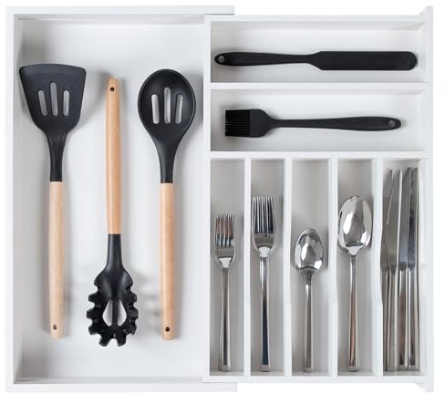 KitchenEdge Hochwertiger Besteck- und Utensilien-Organizer für schmale Küchenschubladen, erweiterbar 26,7 bis 48,3 cm, 9 Ablagefächer, rutschfeste Füße, lebensmittelecht, weißes Finish, 100%